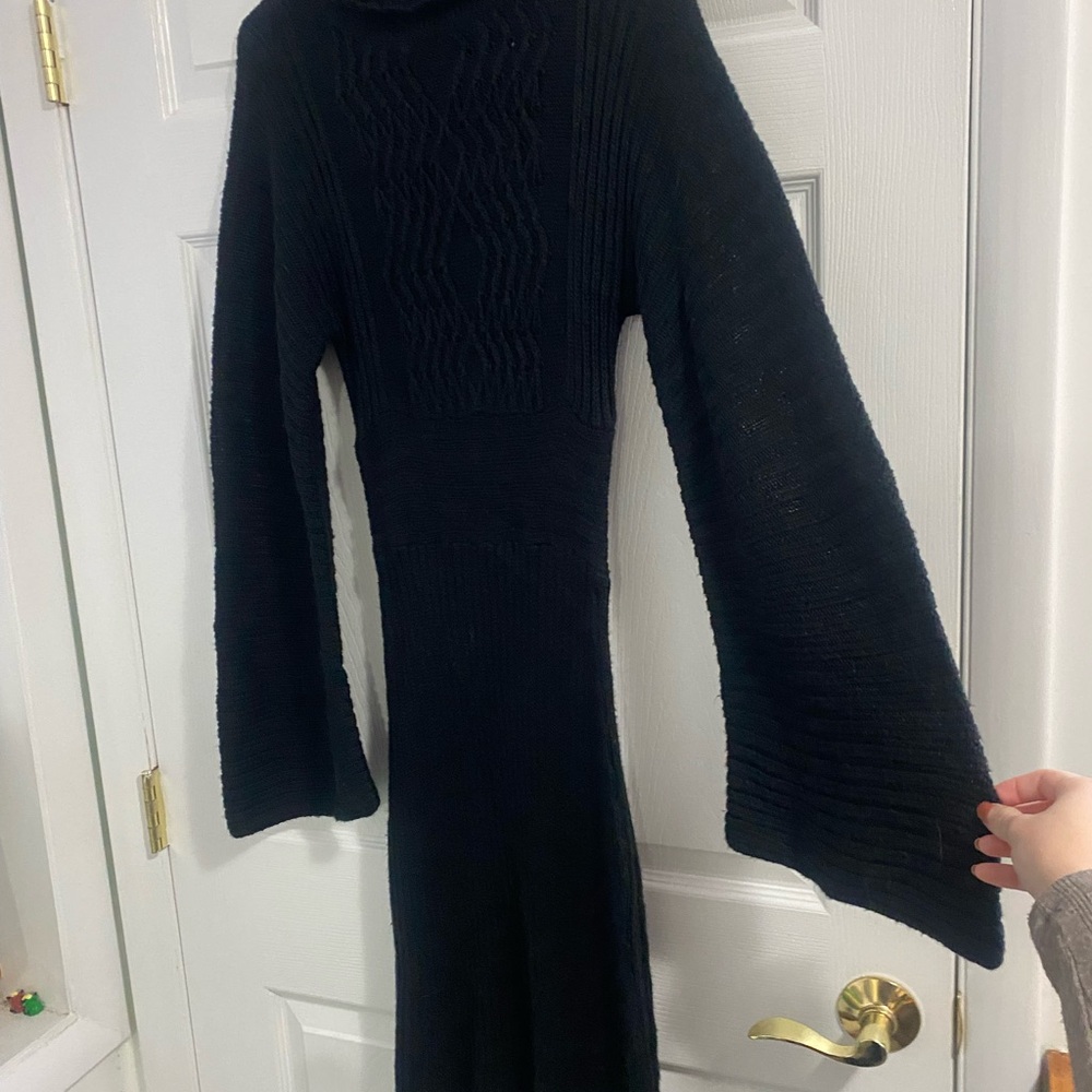 Cache vintage wool blend witchy goth black turtleneck winter chic midi dress - Picture 2 of 8